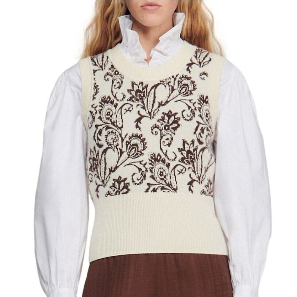 Women's Sandro Sweater Vest Brown Ivory Size 0 XS